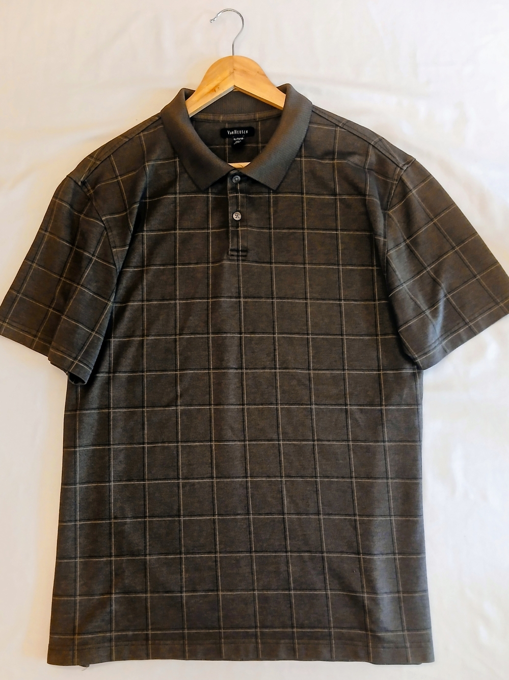 Van Heusen Men XL Gray Windowpane Plaid Flex Polo Shirt Short Sleeve NWOT